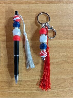 Hand Crafted Red White Blue Beaded Tassel Pen and Keychain Set